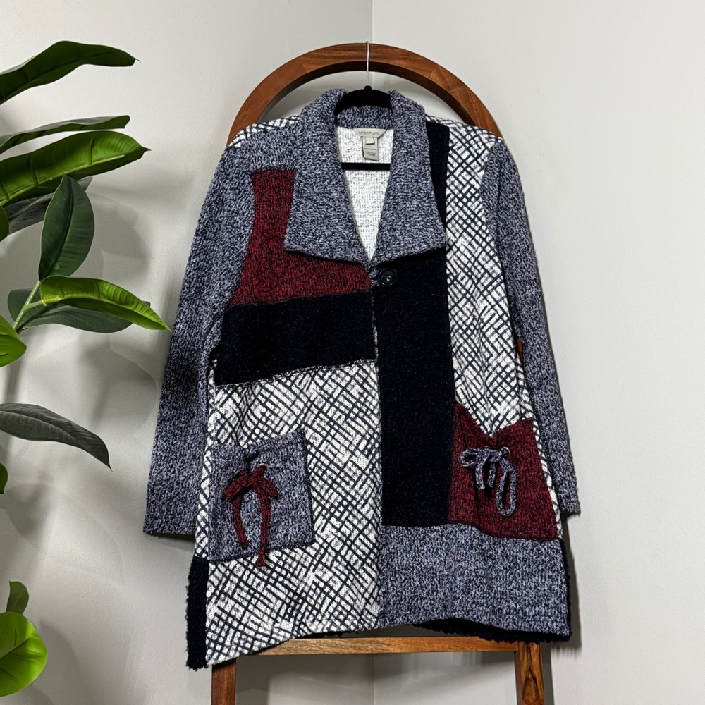 Multiples Large Blue White Patchwork Knit Cardiga… - image 1